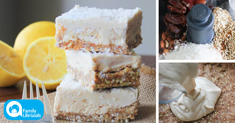 Raw Lemon Coconut Cream Bars with dates, almonds and Himalayan sea salt