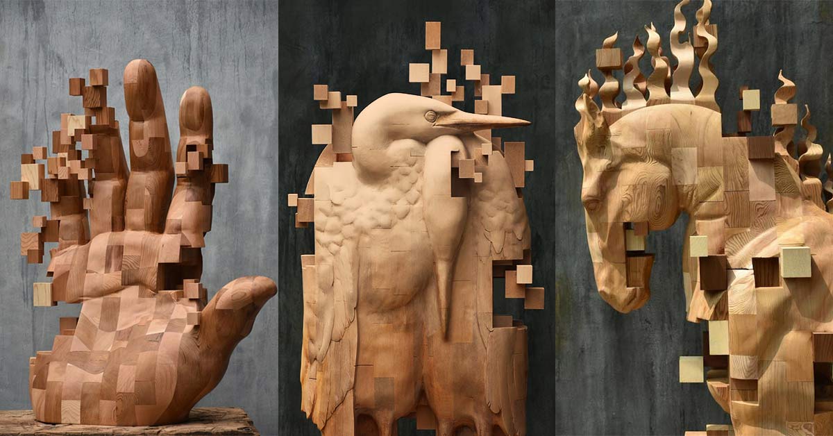 Taiwanese Sculptor Creates Incredible Wood Sculptures that are Carved to Look Like Pixelated Glitches